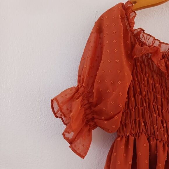 OC Order Pluss Off Shoulder Boho Flowy Swiss Dot Smocked Maxi Dress size S - Picture 4 of 8